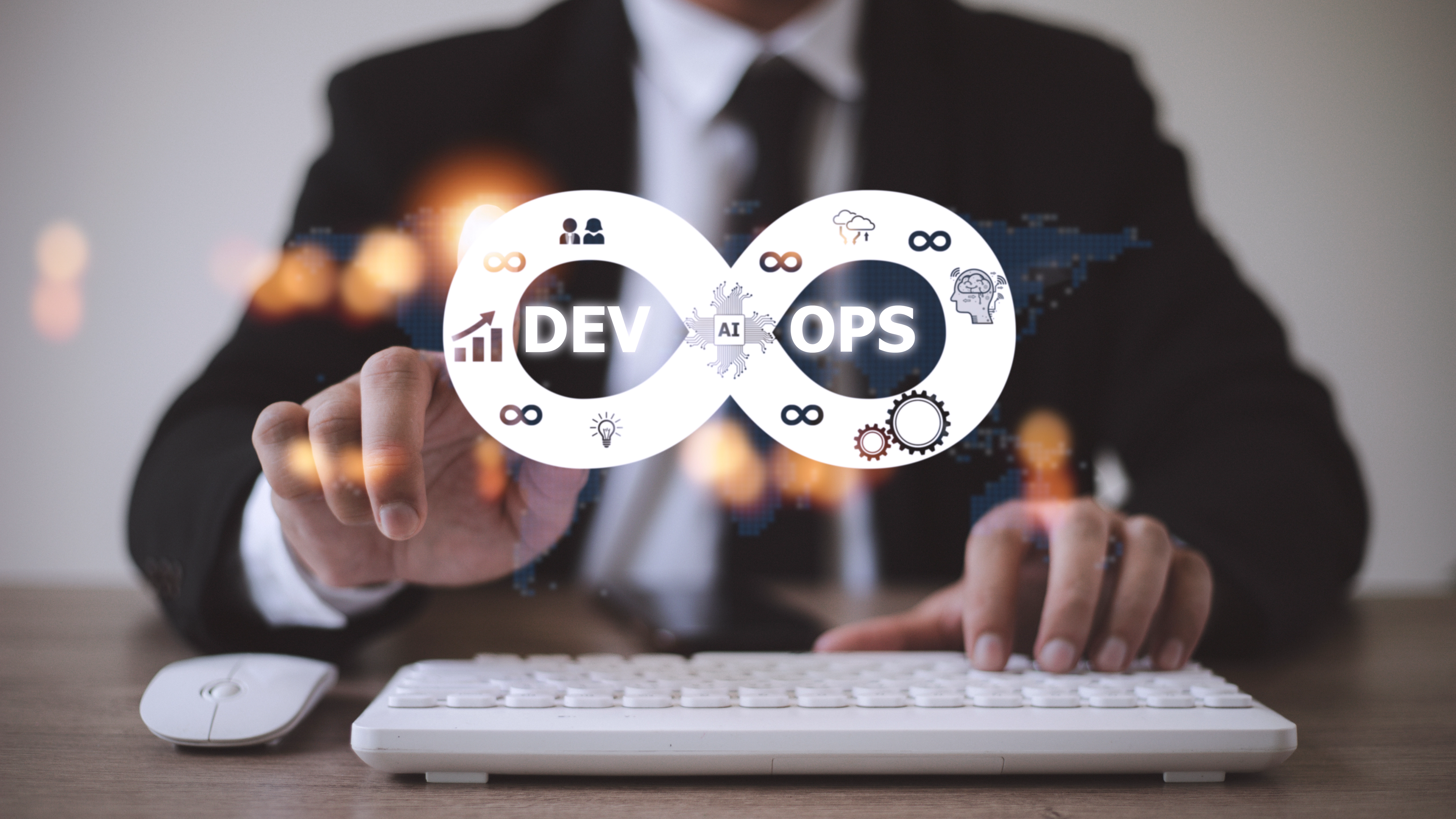 Enterprise DevOps infinity loop graphic representing automated development, IT operations, and cloud infrastructure scaling.